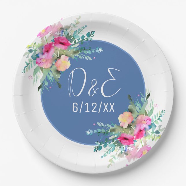 Assiettes En Carton Mariage personnalisé à motif floral bleu Rosier (Devant)
