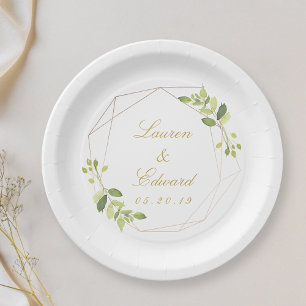 Assiettes En Carton Mariage personnalisé avec verdure géométrique mode