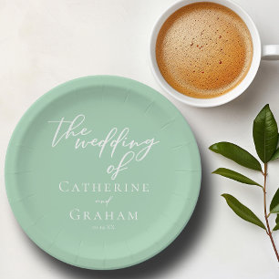 Assiettes En Carton Mariage personnalisé Chic Mint Green White Script