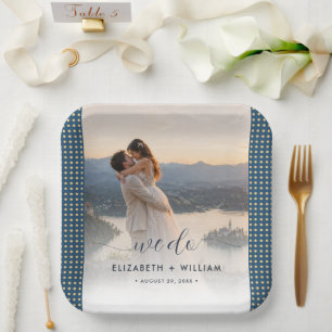 Assiettes En Carton Mariage personnalisé Gold & Blue Polka Dot
