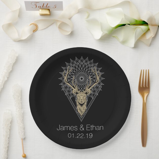 Assiettes En Carton Mariage Personnalisé Mandala de Cerf (Mariage)