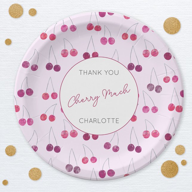 Assiettes En Carton Mariage personnalisé rose aquarelle cerise (Watercolor cherry pink custom text personalized thank you cherry much party paper plate)