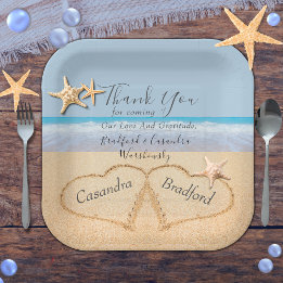 Assiettes En Carton Mariage plage 2 Coeurs dans le Mariage de sable