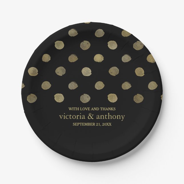 Assiettes En Carton Mariage Pois moderne Black & Gold (Devant)
