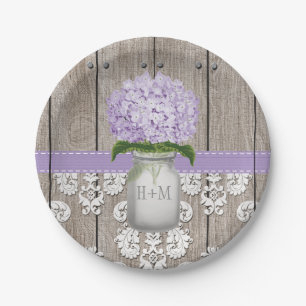 Assiettes En Carton Mariage pourpre décoré d'un monogramme d'hortensia