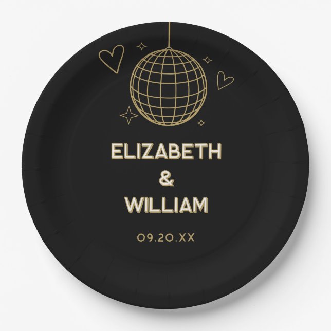 Assiettes En Carton Mariage Rétro Disco Groovy Noir Et Or Années 70 (Devant)