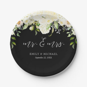 Assiettes En Carton Mariage romantique ivoire crème floral noir