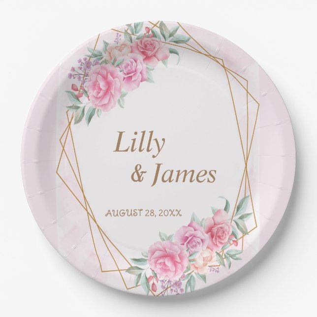 Assiettes En Carton Mariage rose floral (Devant)