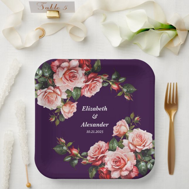 Assiettes En Carton Mariage rose foncé et rose rouge rose et rose viol (Mariage)