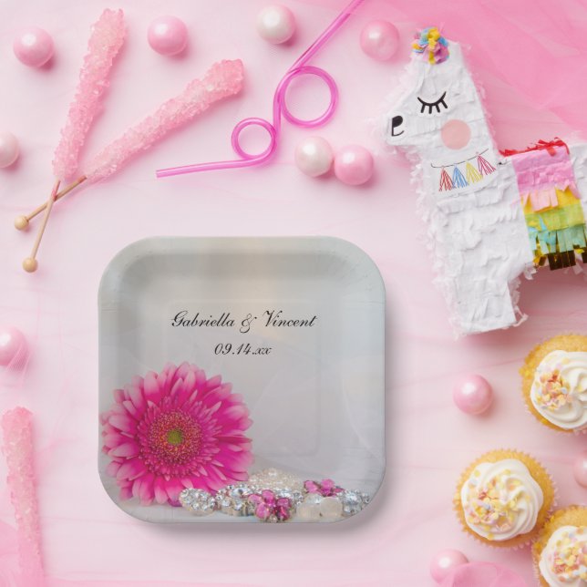 Assiettes En Carton Mariage rose Gerbera Daisy et boutons (Fête)