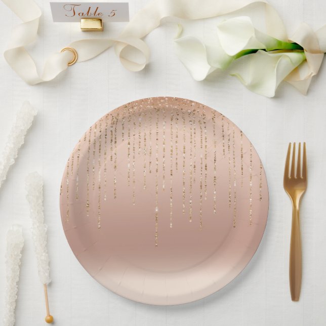 Assiettes En Carton Mariage rose Gold Glam Peach Sparkle Strings (Mariage)