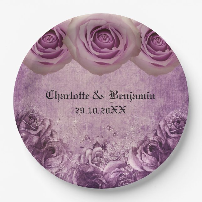 Assiettes En Carton Mariage Rose gothique violet  (Devant)