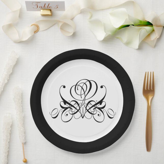 Assiettes En Carton Mariage Rose noir Calligraphie (Mariage)