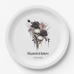 Assiettes En Carton Mariage Roses Noires Gothiques de Crânes 
