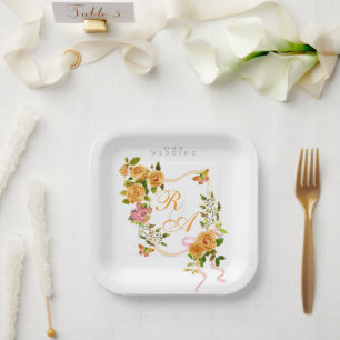 Assiettes En Carton Mariage Ruban Rose Doré