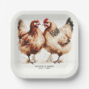 Assiettes En Carton Mariage rustique à l'aquarelle de poules brunes