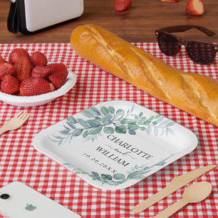 Assiettes En Carton Mariage Rustique Aquarelle Eucalyptus Verdure