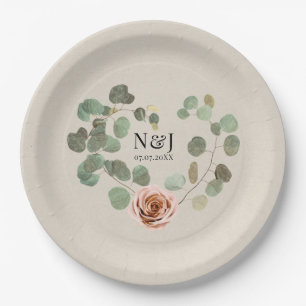 Assiettes En Carton Mariage rustique avec rose rose et cœur d'eucalypt