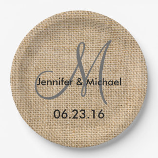 Assiettes En Carton Mariage Rustique Burlap Nom du monogramme Date