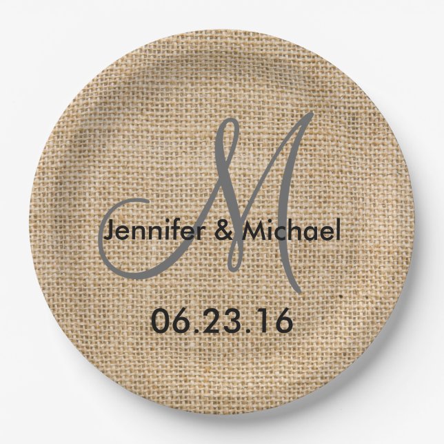 Assiettes En Carton Mariage Rustique Burlap Nom du monogramme Date (Devant)