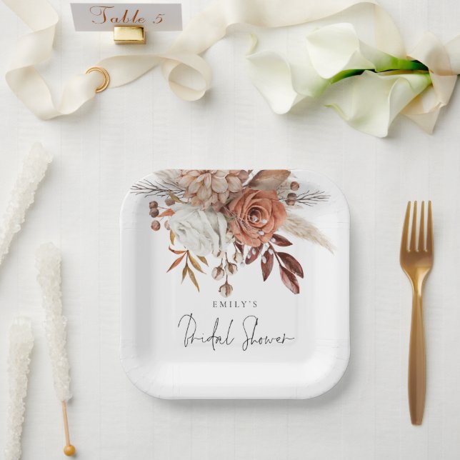 Assiettes En Carton Mariage Rustique Fleurs de Terracotta Nom Shower d (Mariage)