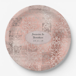 Assiettes En Carton Mariage Shabby-Chic Damassé Or Rose