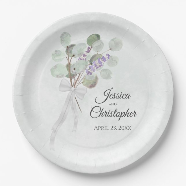Assiettes En Carton Mariage simple Eucalyptus & Lavender Bouquet (Devant)