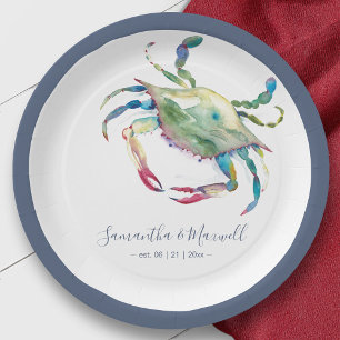 Assiettes En Carton Mariage sur la plage au crabe bleu aquarelle