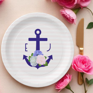 Assiettes En Carton Mariage Thème Marin à Rayures Florales