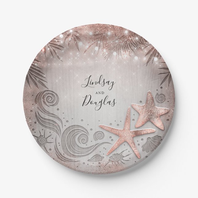 Assiettes En Carton Mariage Tropical de Plage en Rose Gold Starfish (Devant)