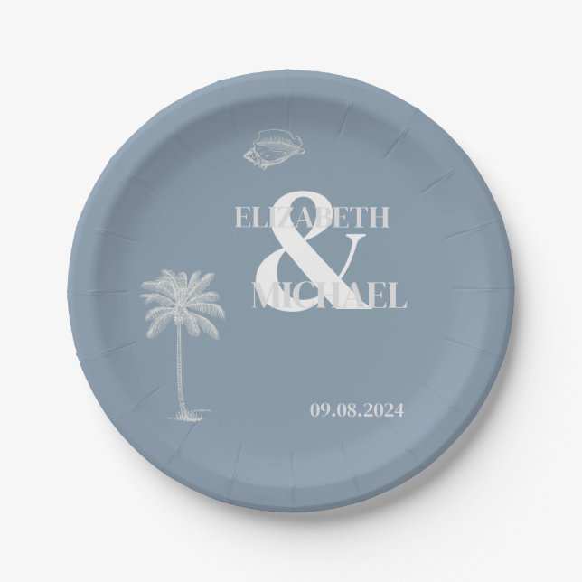 Assiettes En Carton Mariage tropical minimaliste Dusty Blue (Devant)