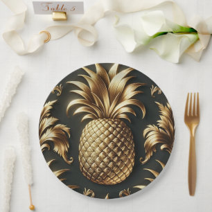 Assiettes En Carton Mariage Tropical Noir & Or Luxueux Ananas