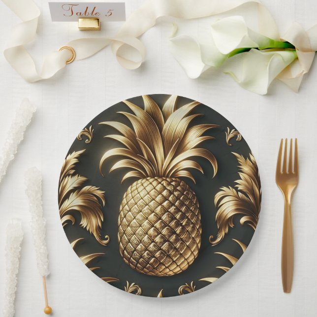 Assiettes En Carton Mariage Tropical Noir & Or Luxueux Ananas (Mariage)