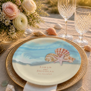 Assiettes En Carton Mariage Vague Océanique Bleue Romantique & Coquill