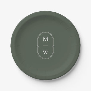 Assiettes En Carton Mariage vert monogramme minimaliste
