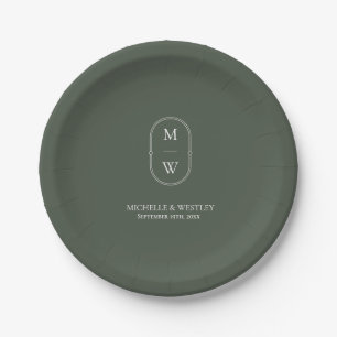 Assiettes En Carton Mariage vert monogramme minimaliste