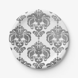 Assiettes En Carton Mariage Vintage Argent Brillant et Damassé Blanc