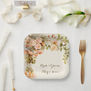 Assiettes En Carton Mariage Vintage Fleur de Rose Rose Antique