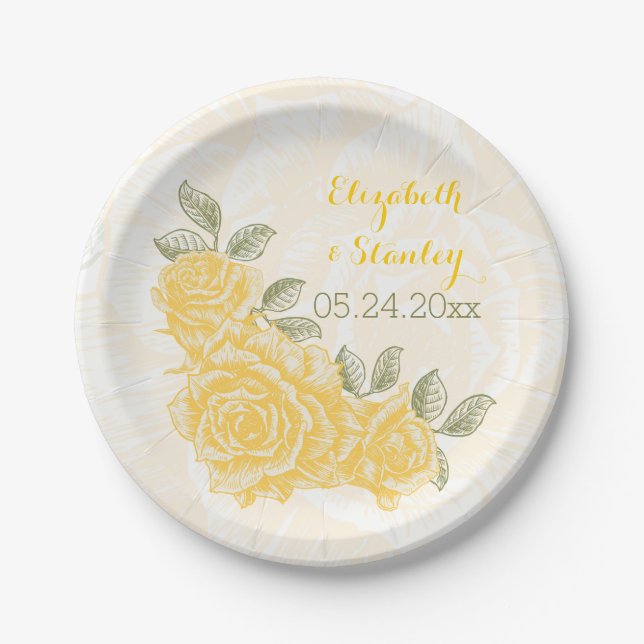 Assiettes En Carton mariage vintage jaune roses (Devant)