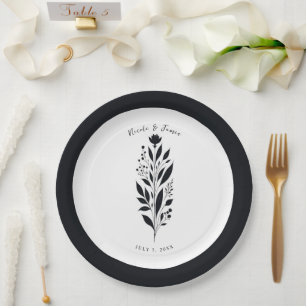 Assiettes En Carton Mariage Vintage Moderne Floral Noir & Blanc Hauts