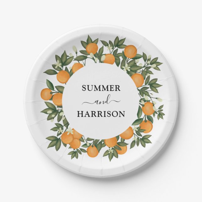 Assiettes En Carton Mariage Whimsical Botanical Citrus Orange Garden (Devant)