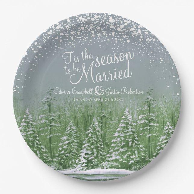 Assiettes En Carton Mariages d'hiver pins lac vert gris art (Devant)