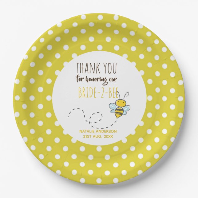 Assiettes En Carton Mariée 2 BEE jolie Fête des mariées Polkadot Jaune (Devant)