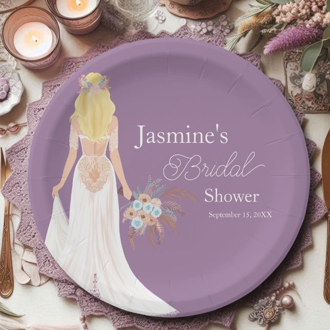 Assiettes En Carton Mariée aux cheveux blonds Boho avec des fleurs (Créateur téléchargé)