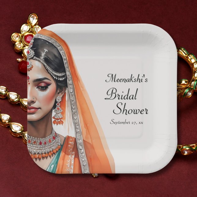 Assiettes En Carton Mariée Dans La Fête des mariées Ethnique Indienne  (Flat lay orange gold pre wedding elegance – Trbollywood Indian Bridal Shower Plate)