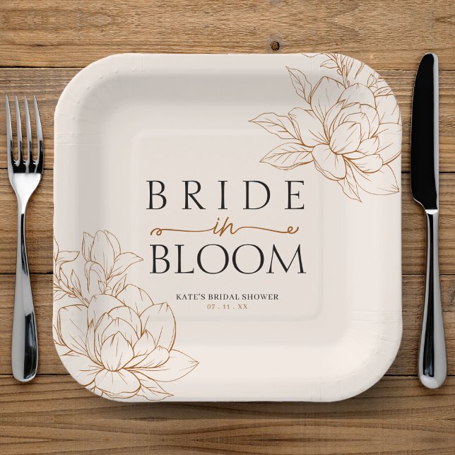 Assiettes En Carton Mariée en Fête des mariées Brown de fleurs Tan (Bride in Bloom Tan Brown Bridal Shower Paper Plates
)