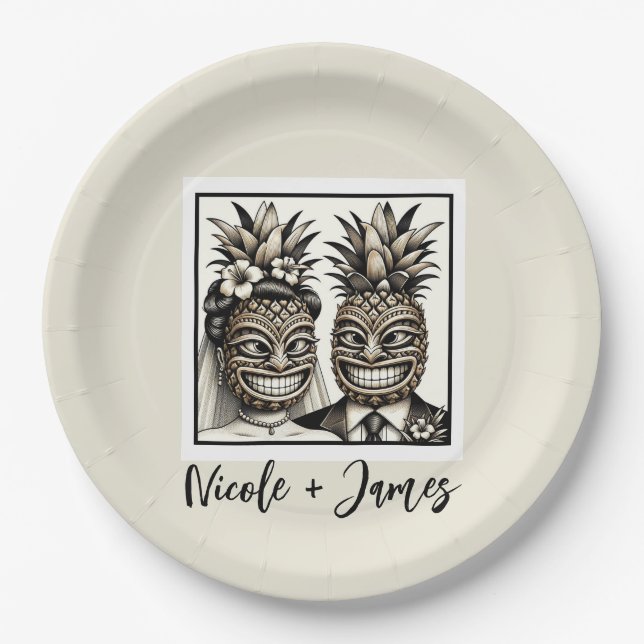 Assiettes En Carton Mariée et chambre Aloha Pineapple Tiki Mariage (Devant)