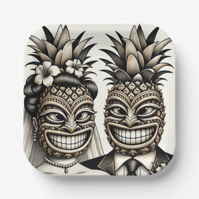 Assiettes En Carton Mariée et marié Tête Tiki Ananas Aloha Mariage  (Recto)