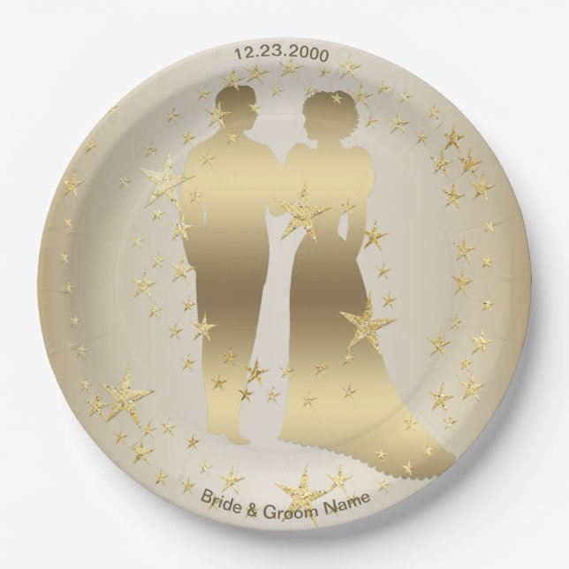 Assiettes En Carton Mariés Dorés Fête de Mariage (Devant)