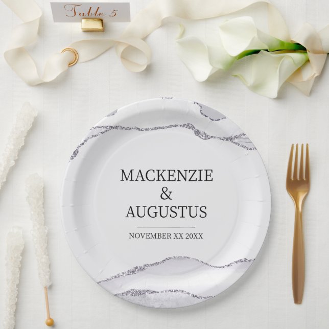 Assiettes En Carton Mariés gris agate paillettes argentées mariage (Mariage)